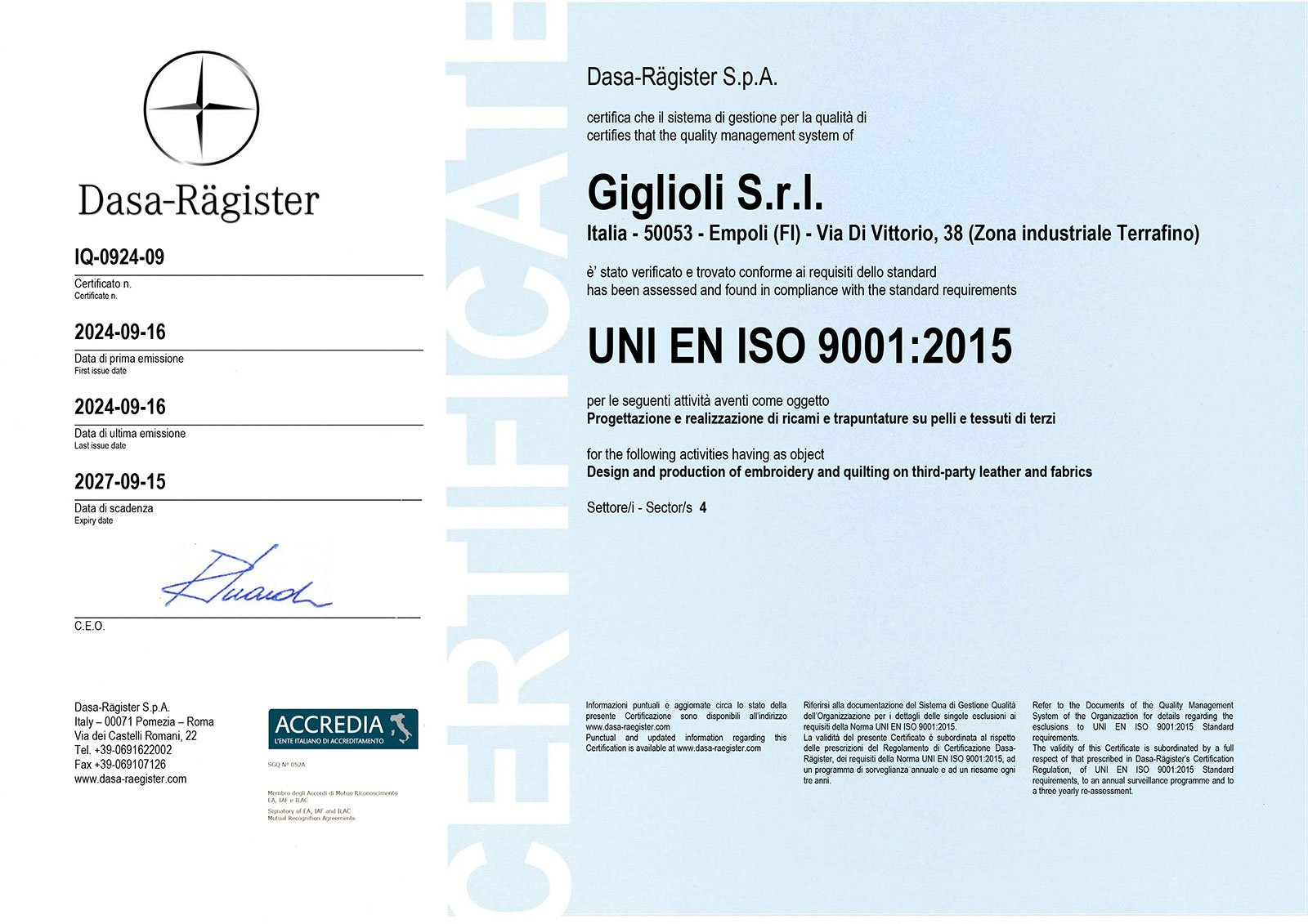 Certificato ISO 9001 ottenuto da Giglioli Certificato ISO 9001 ottenuto da Giglioli